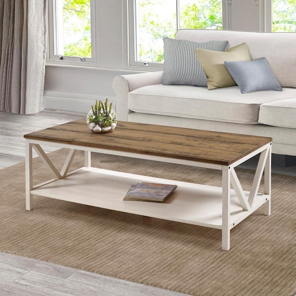 Walker Edison Furniture Company 48 in. Brown/White Rectangle Wood Top Coffee Table with Shelf