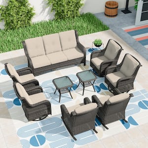9-Pieces Patio Furniture Set Outdoor Wicker Sectional Sofa with Beige Cushions and Glass Top Coffee Table