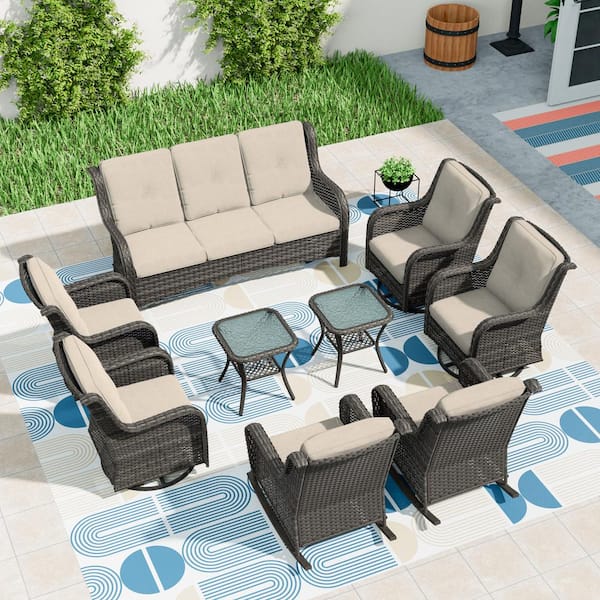 Patio Furniture Set 9 Pieces Outdoor Wicker Sectional Sofa with Beige Cushions