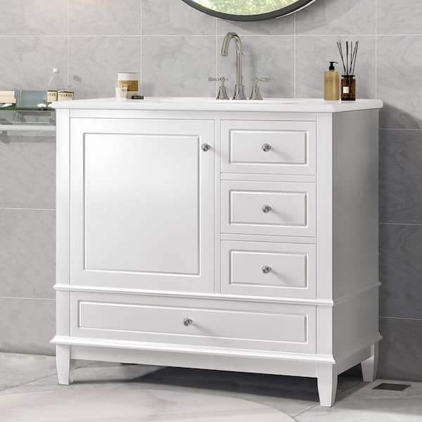 36 in. Single Sink Freestanding White Bath Vanity with White Ceramic Top, 3 Drawers, Soft Close Doors, Unassembled