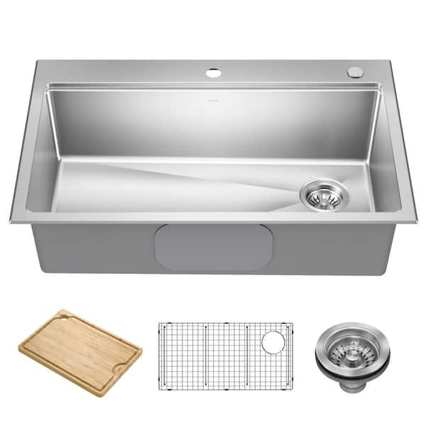 Fairlane 33 in Drop in or Top Mount Workstation Single Bowl18-Gauge Stainless Steel Kitchen Sink with Accessories