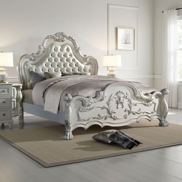 Vany Ivory and Brown Composite Wood Frame Queen Platform Bed with Upholstered Headboard