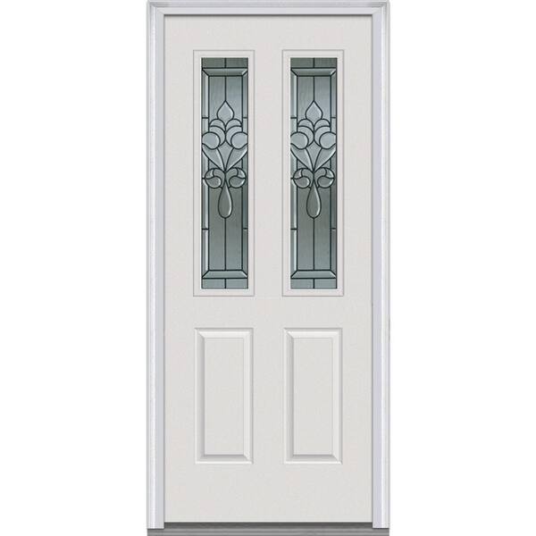 Milliken Millwork 32 in. x 80 in. Fontainebleau Decorative Glass 2 Lite 2-Panel Primed White Fiberglass Smooth Prehung Front Door