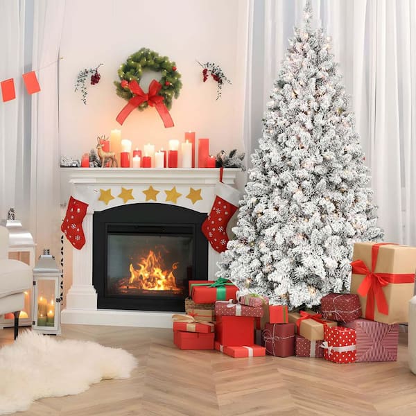 8 FT Pre-Lit Snow Flocked Hinged Artificial Christmas Tree with 700 UL Warm White Lights & 54 Natural Pine Cones