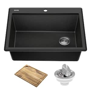 Bellucci 28 Granite Composite Workstation Drop-In Top MountSingle Bowl Kitchen Sink in Metallic Black with Accessories