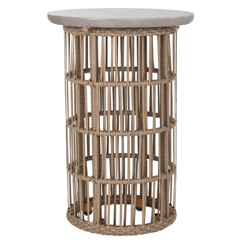 Fane 16'' Dark Grey Concrete & Rattan Round Side Table