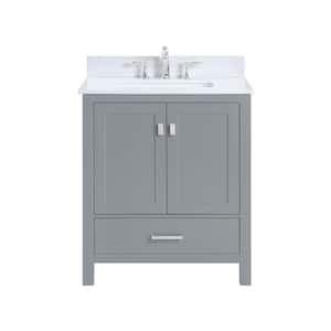 Hudson 30 in. Coastal Farmhouse Freestanding Bathroom Vanity in Gray with White Quartz Top