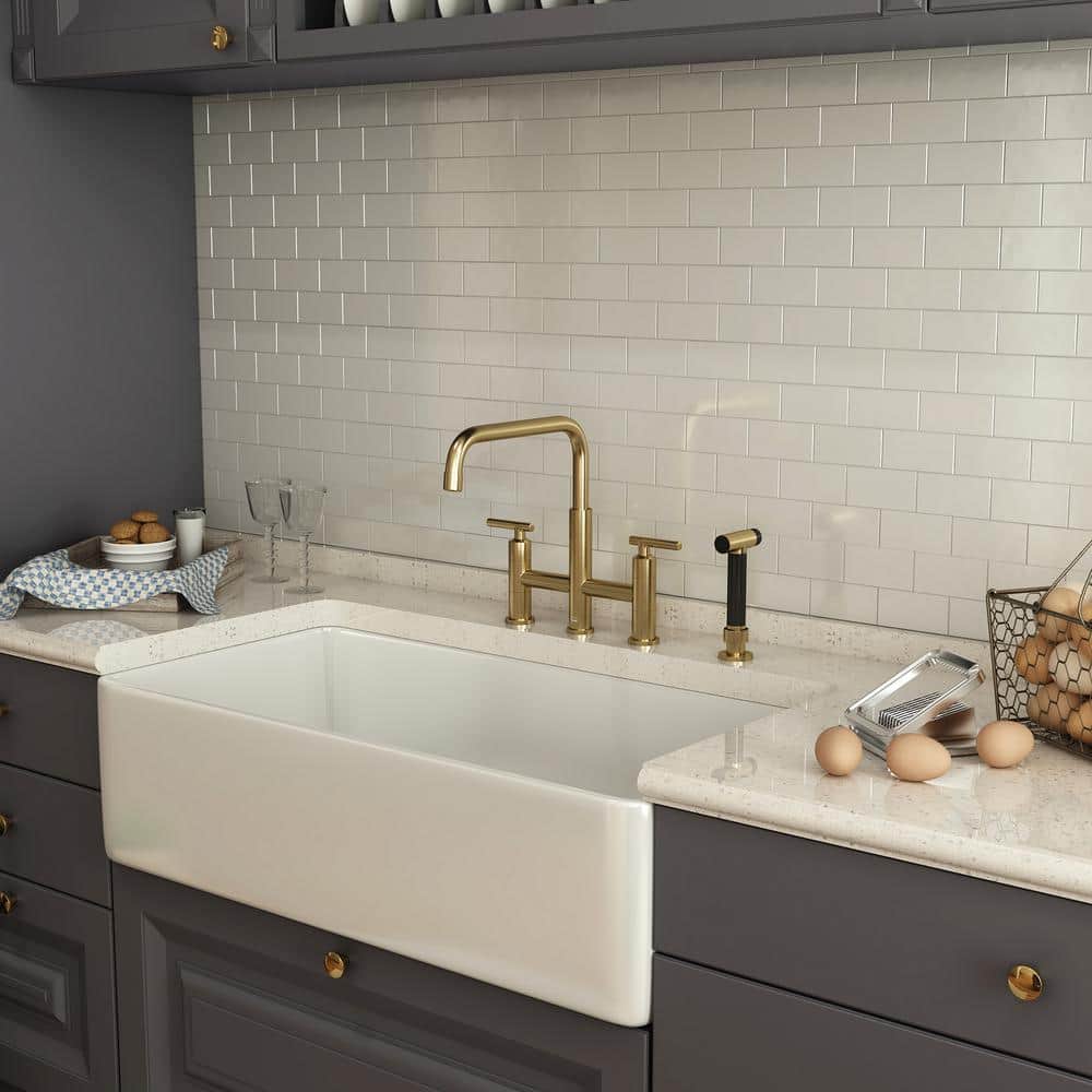 Brushed Gold Bridge Kitchen Faucet with Pull-out Spray