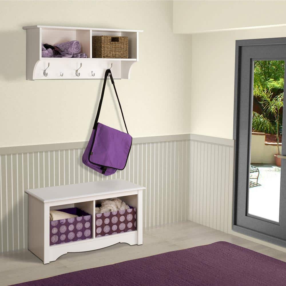 White Wall-Mounted Entryway Shelf with Hooks and Compartments