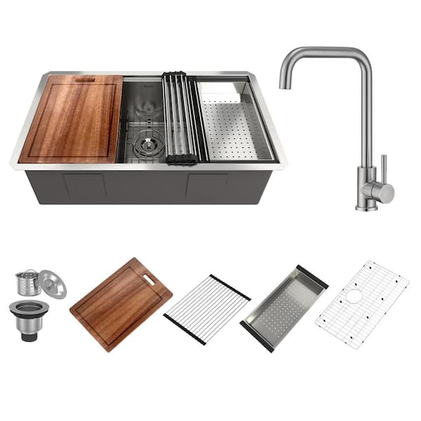 VANITYFUS 32 in. Drop-In/Undermount Single Bowl 18-Gauge Brushed Stainless Steel Kitchen Sink with with Faucet and Accessories