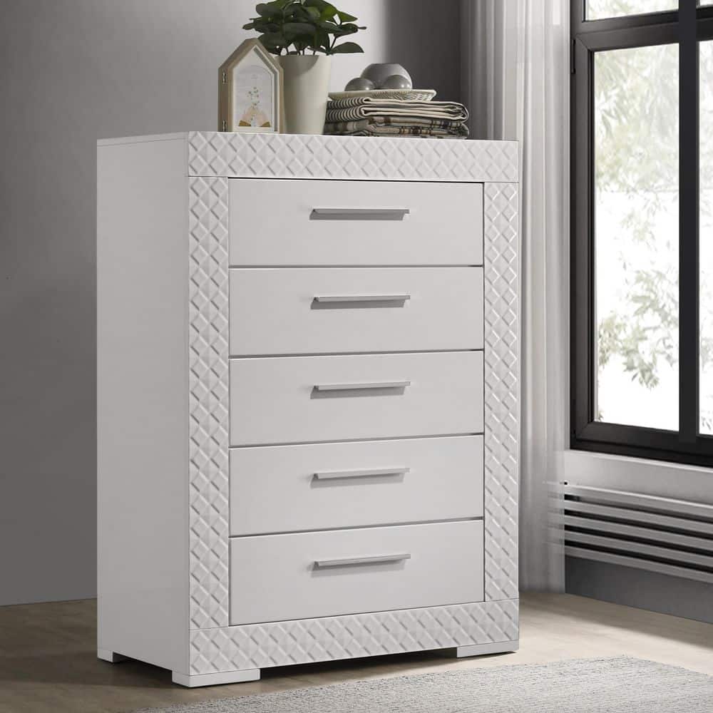 Consy White 5-Drawer 35.5 in. Chest of Drawers with High Gloss Finish