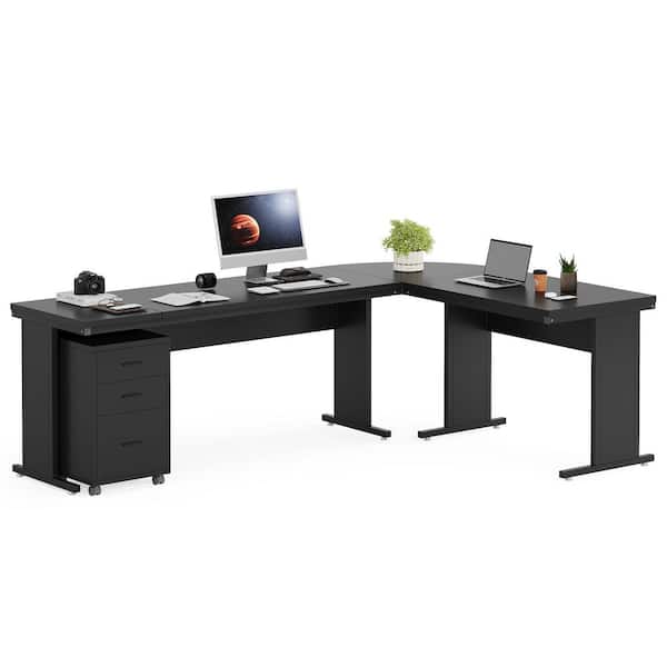 BYBLIGHT Lanita 83 in. L-Shaped Black Wood 3-Drawer Executive Desk
