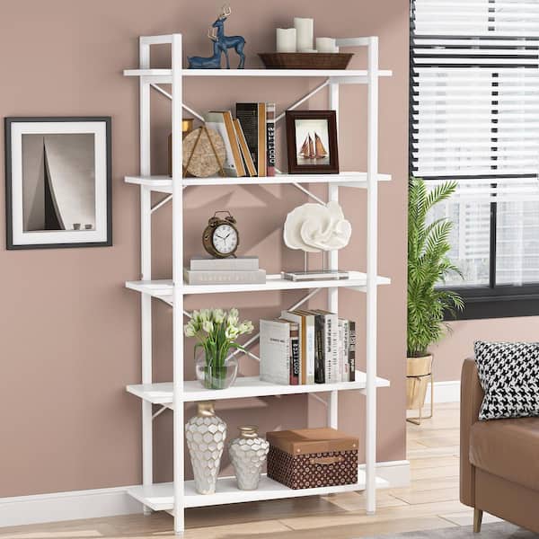 Tribesigns Way to Origin Halsey 63 in. White Wood and Metal Frame 5-Shelf Radial Corner Shelf Bookcase Storage Rack Plant Stand 5-Tiers