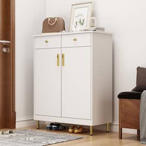 White Wooden Shoes Storage Cabinet with Adjustable Shelves and 2 Drawers, 31.5 in. W × 39.4 in. H