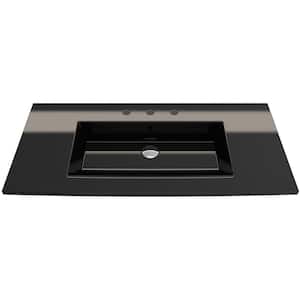 Ravenna Wall-Mounted 40.5 in. 3-Hole Black Fireclay Rectangular Vessel Sink with Overflow