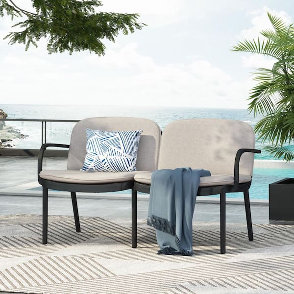 Black Plastic UV-resistant Sturdy Outdoor Loveseat with Gray Fade-resistant Cushions, Durable 2-Seater Patio Club Chair