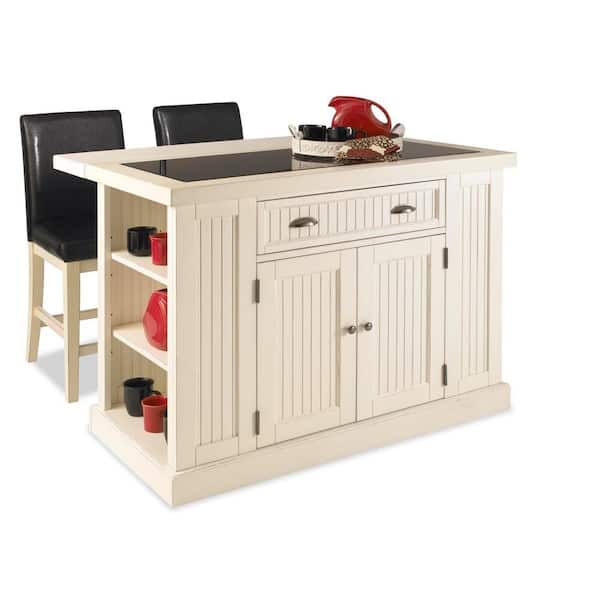 Home Styles Nantucket Kitchen Island in Distressed White with Black Granite Inlay and Two Stools