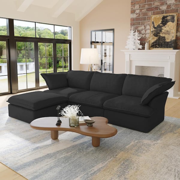 J&E Home 123 in. W Flared Arm 4-Piece Linen Modular Free Combination Sectional Sofa with Ottoman in. Black