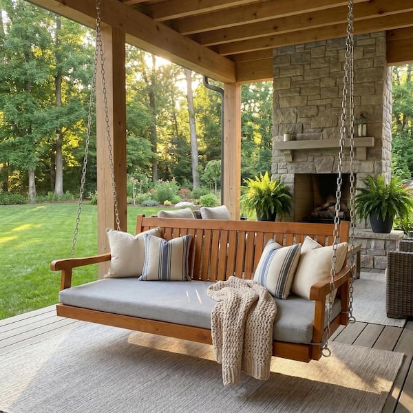 75.1 in. Solid Fir Wood Frame Porch Swing Bed with Thick Cushion-Outdoor Hanging Daybed, Teak, Heavy Duty 1000 lbs.