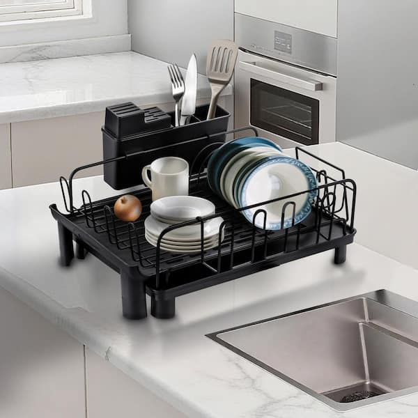Matte Black Kitchen Expandable Kitchen Dish Racks for Kitchen Counter with Drainboard and Utensil Holder