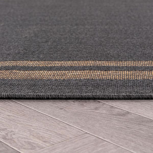 Border Dark Gray/Natural Easy-Care Jute-Style Indoor/Outdoor Flat Woven Area Rug 2 ft. 3 in. x 8 ft. Dark Gray