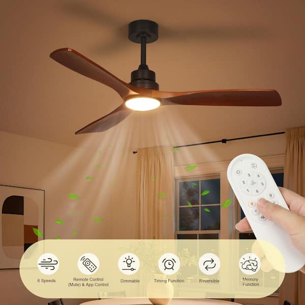52 in. Indoor Color Changing Solid Wood Downrod Mount Black Matte Ceiling Fan with Light Kit and Remote Control
