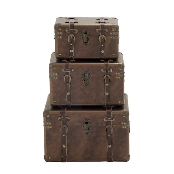 Litton Lane Brown Leather Nesting Upholstered Trunk with Vintage Accents and Studs (Set of 3)