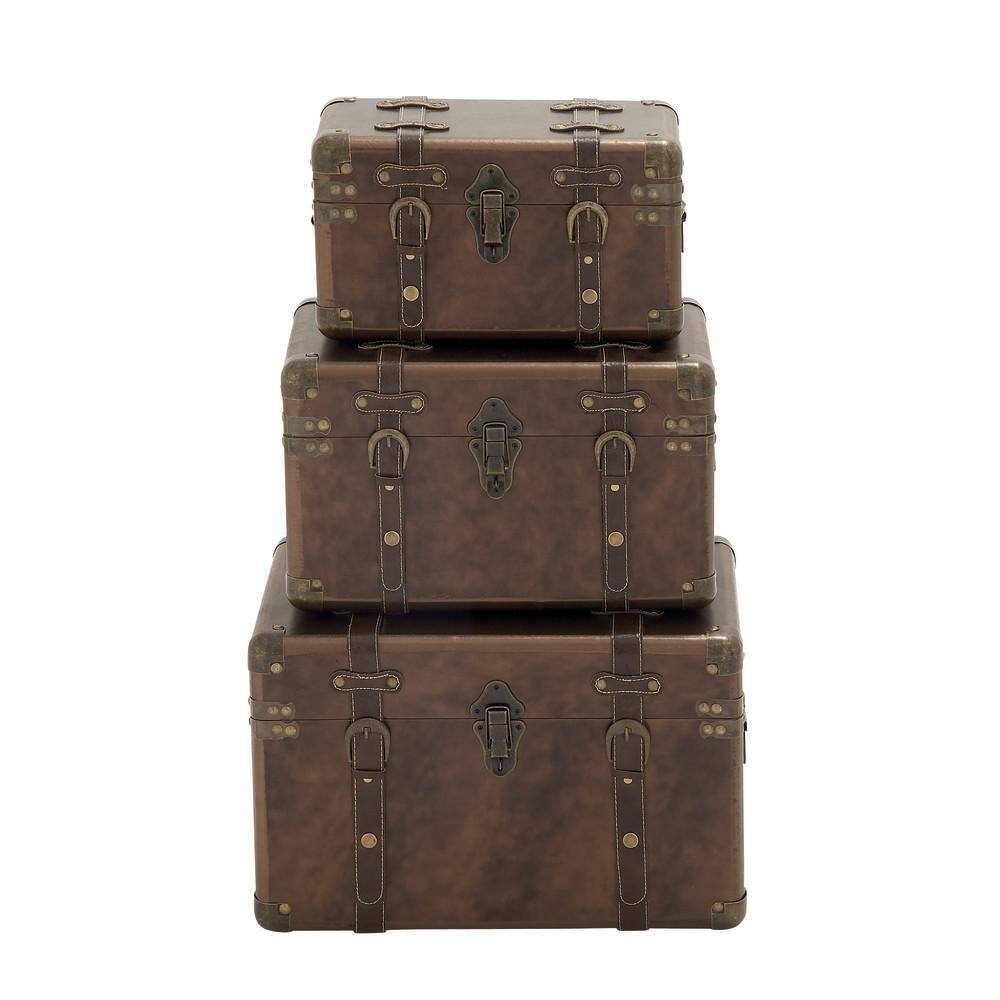 Brown Leather Rectangular Storage Trunk Set with Vintage Accents, 3-Pieces