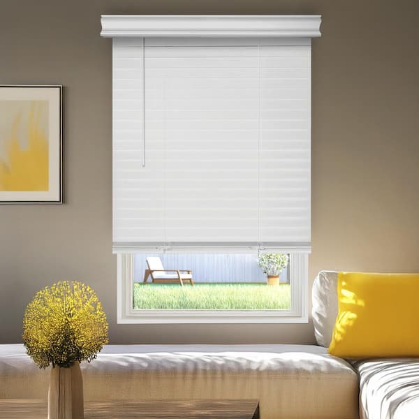 White Cordless Blackout 2 in Faux Wood Blinds with Laguna Valance-Privacy No-Hole Slat Design-61.75 in. W x 72 in. L