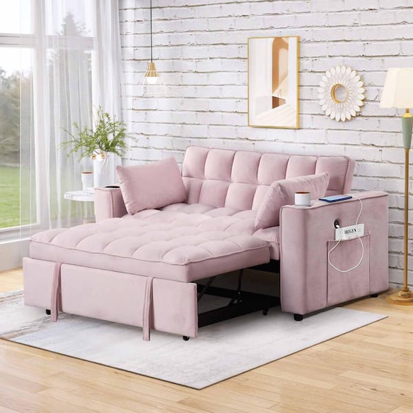 55.3 in. Square Arm Velvet Rectangle Sofa with Cup Holder and USB Port in Pink