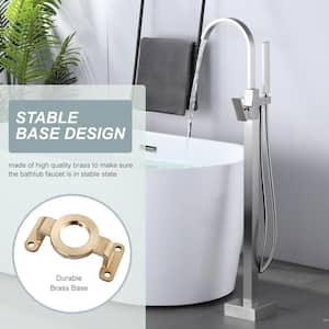 1-Handle Freestanding Floor Mount Tub Faucet Bathtub Filler with Diverter and Hand Shower in Brush Nickel