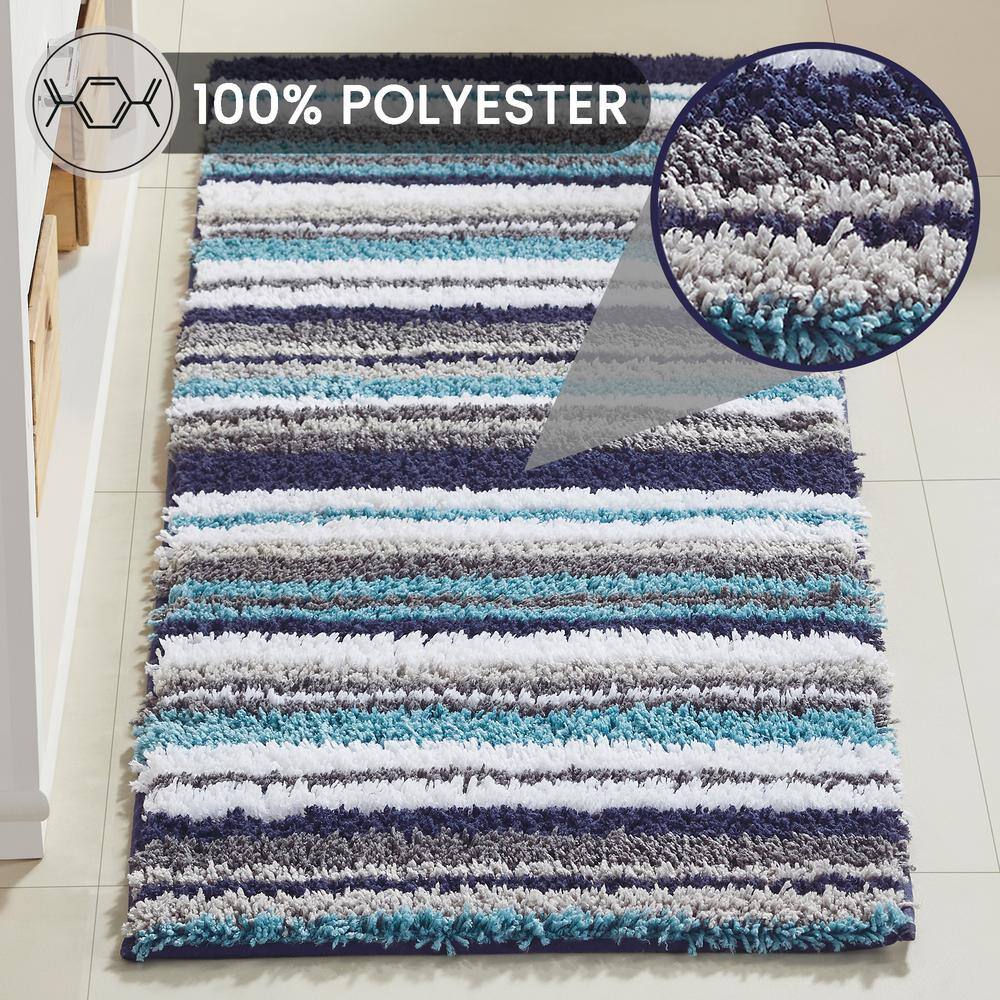Griffie Blue and Gray Polyester Striped Bath Runner Rug