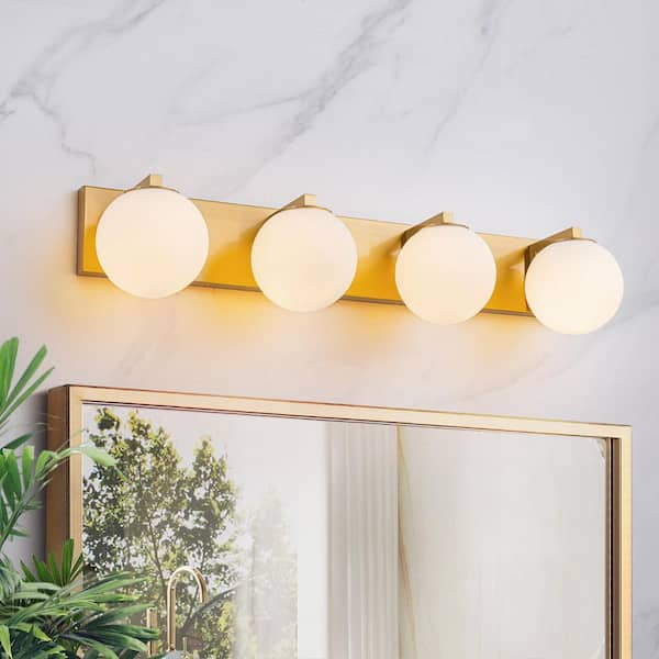 Lucie 29.5 in. 4-Light Brass Mid-Century Modern Bathroom Bar Vanity Light with Milk Opal Glass Shades