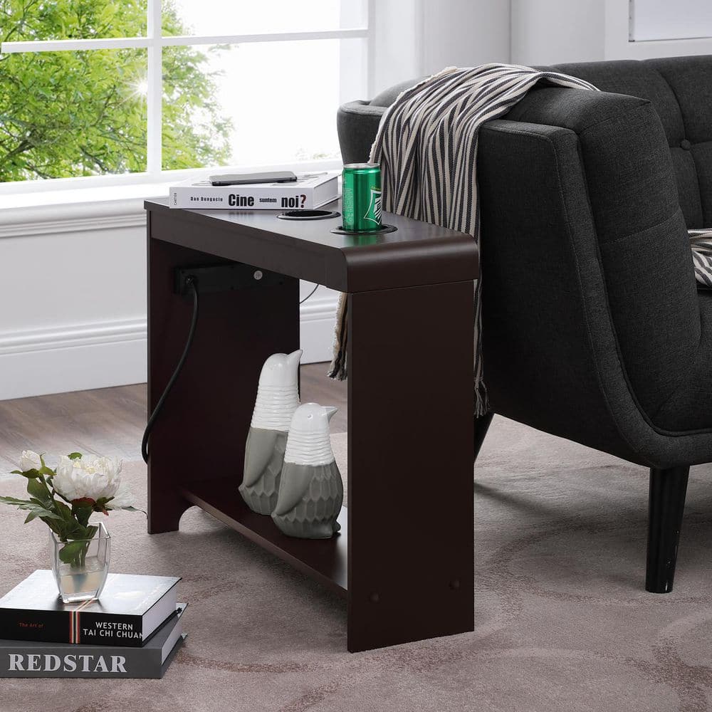 Photos - Storage Combination Espresso End Table with Charging Station, USB Ports & Outlets, Narrow Side