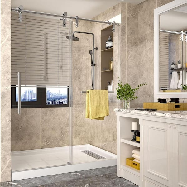 Delnavik 56-60 in. W x 75.5 in. H Sliding Frameless Glass Shower Door, Handle and Seal Strip for Waterproof, Transparent Glass