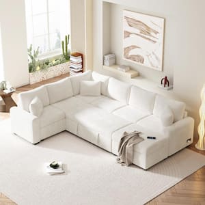 112.2 in. L Shaped Chenille Sectional Sofa in Cream with Pull-Out Sofa Bed, Storage Ottoman, 3-Pillows, Charging Devices