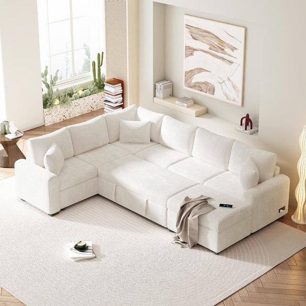 Harper & Bright Designs 112.2 in. L Shaped Chenille Sectional Sofa in Cream with Pull-Out Sofa Bed, Storage Ottoman, 3-Pillows, Charging Devices