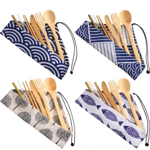 4-Set Bamboo Travel Cutlery Kit with Chopsticks, Fork, Spoon, Knife, Straw, and Carrying Cloth Bag, Chic Style
