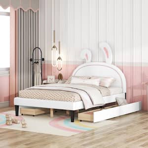 White Wood Frame Full Size PU Leather Upholstered Platform Bed with Rabbit Ears Headboard, 4 Storage Drawers