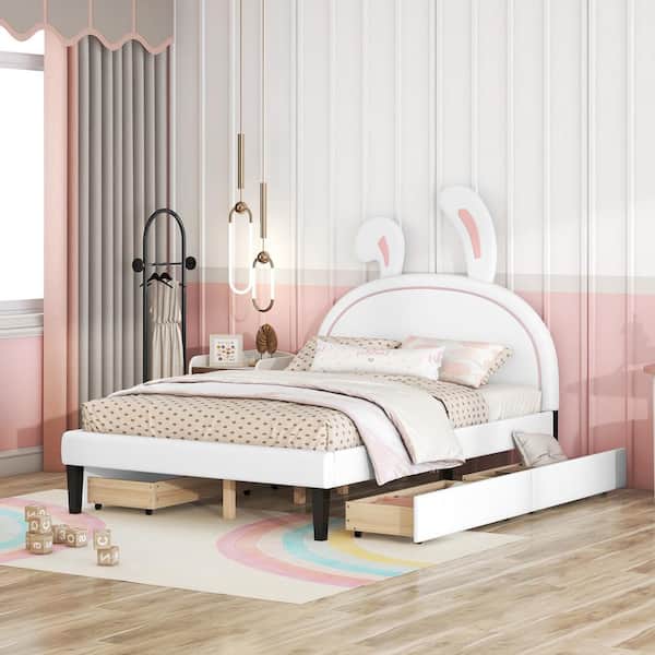 Harper & Bright Designs White Wood Frame Full Size PU Leather Upholstered Platform Bed with Rabbit Ears Headboard, 4 Storage Drawers