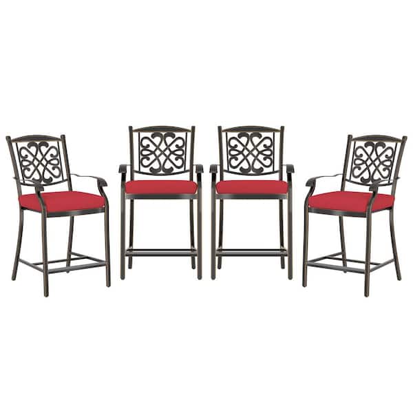 Regal Haven Cast Aluminum Outdoor Bar Stool Flower-Shaped Backrest Bar Height Dining Chair with Red Cushion (Set of 4)