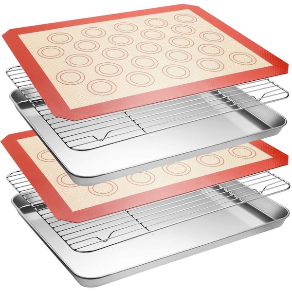 6 Pieces Silver Stainless Steel 16 in. x 12 in. x 1 in. Baking Sheet Tray Cooling Rack Set with Silicone Baking Mat