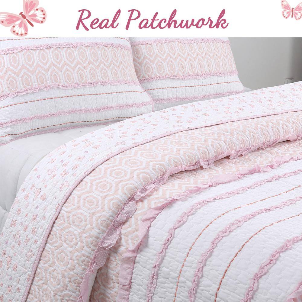 Pink and White Cotton Reversible Twin Quilt Set
