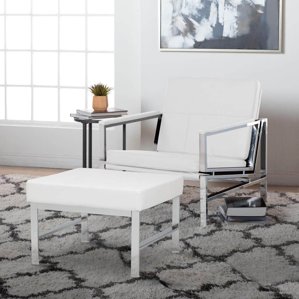 Studio Designs Home Atlas Chrome/White Bonded Faux Leather Upholstery Rectangle Footstool Medium Ottoman