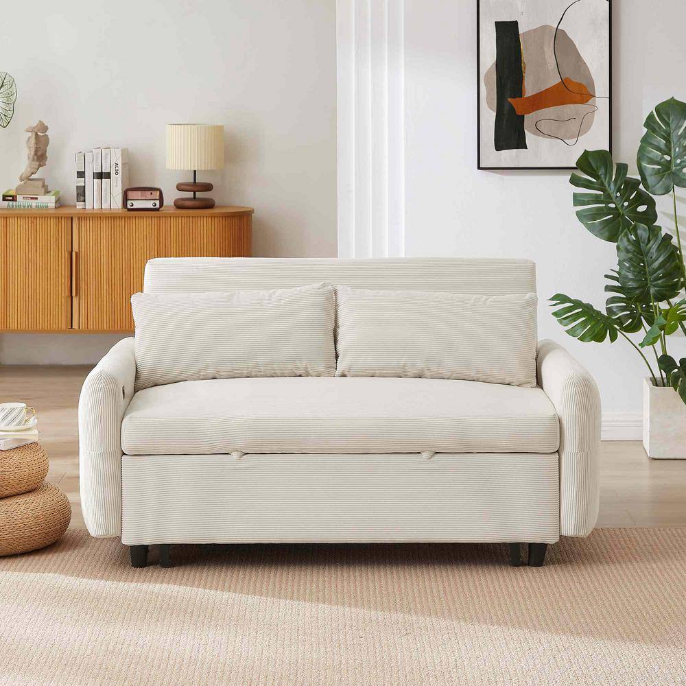 57.48 in. Square Arm Fabric Rectangle Sofa with Two Throw Pillows and USB Ports in. Beige