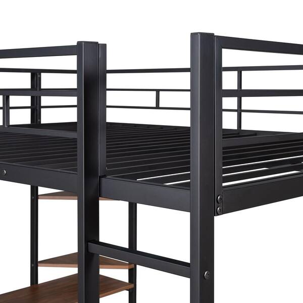 aisword - Black Full Size Metal Loft Bed with 2-Shelves and 1-Desk -
