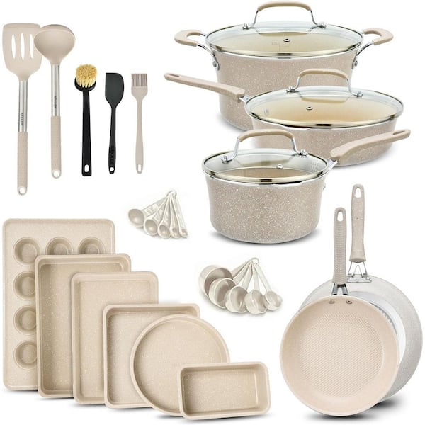 23-Piece Non Stick Cookware & Bakeware Sets, White Marble