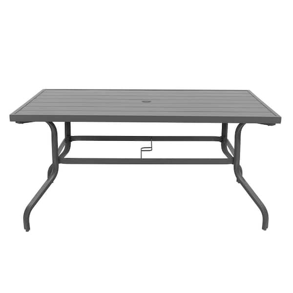 Nuu Garden Gray Rectangle Powder-Coated Iron 61 in. x 37 in. Outdoor Dining Table with 1.57 in. Umbrella Hole