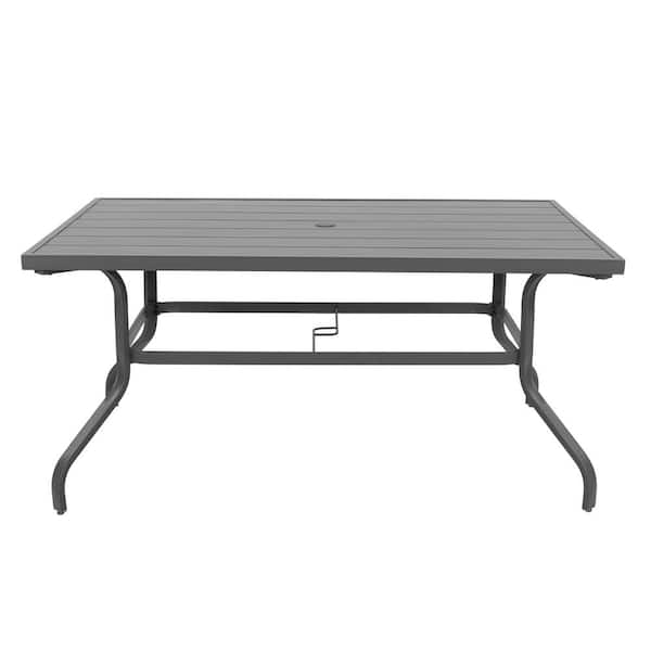 Gray Rectangle Powder-Coated Iron 61 in. x 37 in. Outdoor Dining Table with 1.57 in. Umbrella Hole