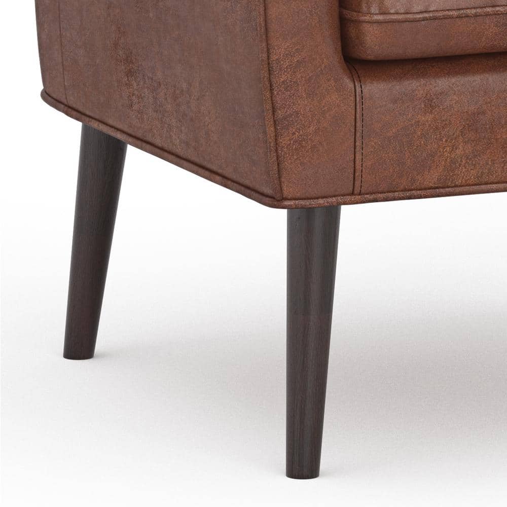 Distressed Saddle Brown Faux Leather Accent Chair with Wood Legs